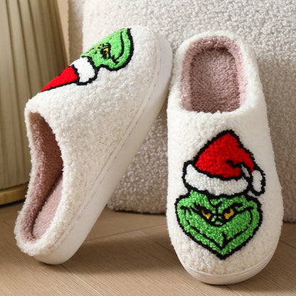 For Grinch Plush Slippers Flat Thermal Slippers Comfortable Fluffy Home Slippers Furry Green Monster Slippers for Indoor Bedroom