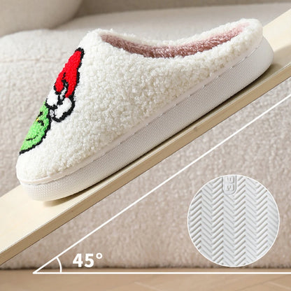 For Grinch Plush Slippers Flat Thermal Slippers Comfortable Fluffy Home Slippers Furry Green Monster Slippers for Indoor Bedroom
