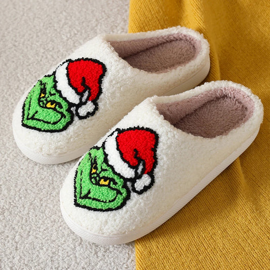 For Grinch Plush Slippers Flat Thermal Slippers Comfortable Fluffy Home Slippers Furry Green Monster Slippers for Indoor Bedroom