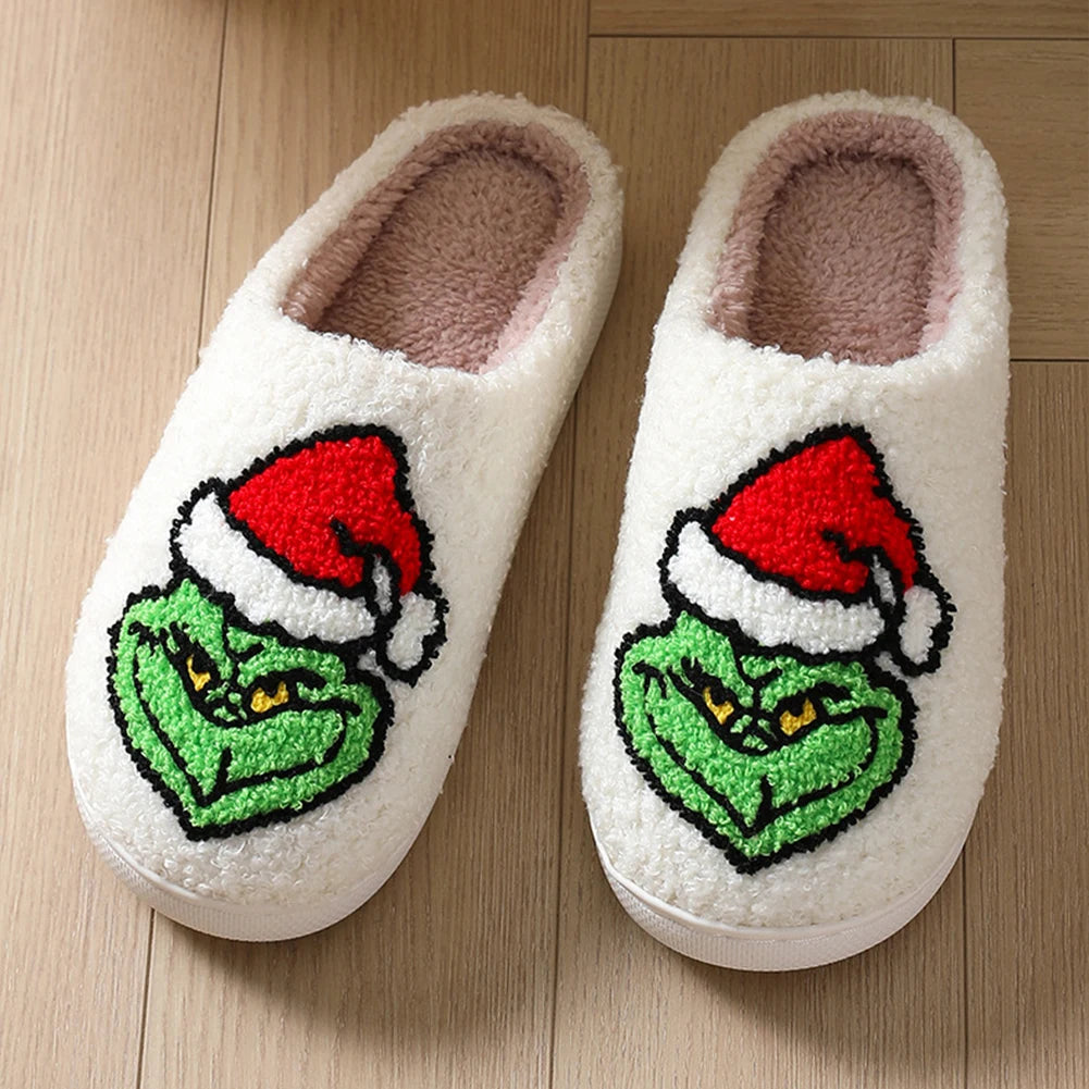 For Grinch Plush Slippers Flat Thermal Slippers Comfortable Fluffy Home Slippers Furry Green Monster Slippers for Indoor Bedroom