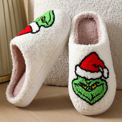 For Grinch Plush Slippers Flat Thermal Slippers Comfortable Fluffy Home Slippers Furry Green Monster Slippers for Indoor Bedroom