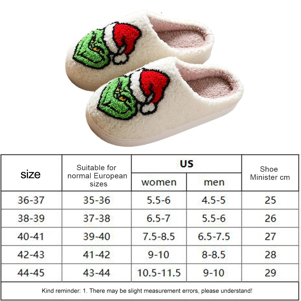 For Grinch Plush Slippers Flat Thermal Slippers Comfortable Fluffy Home Slippers Furry Green Monster Slippers for Indoor Bedroom
