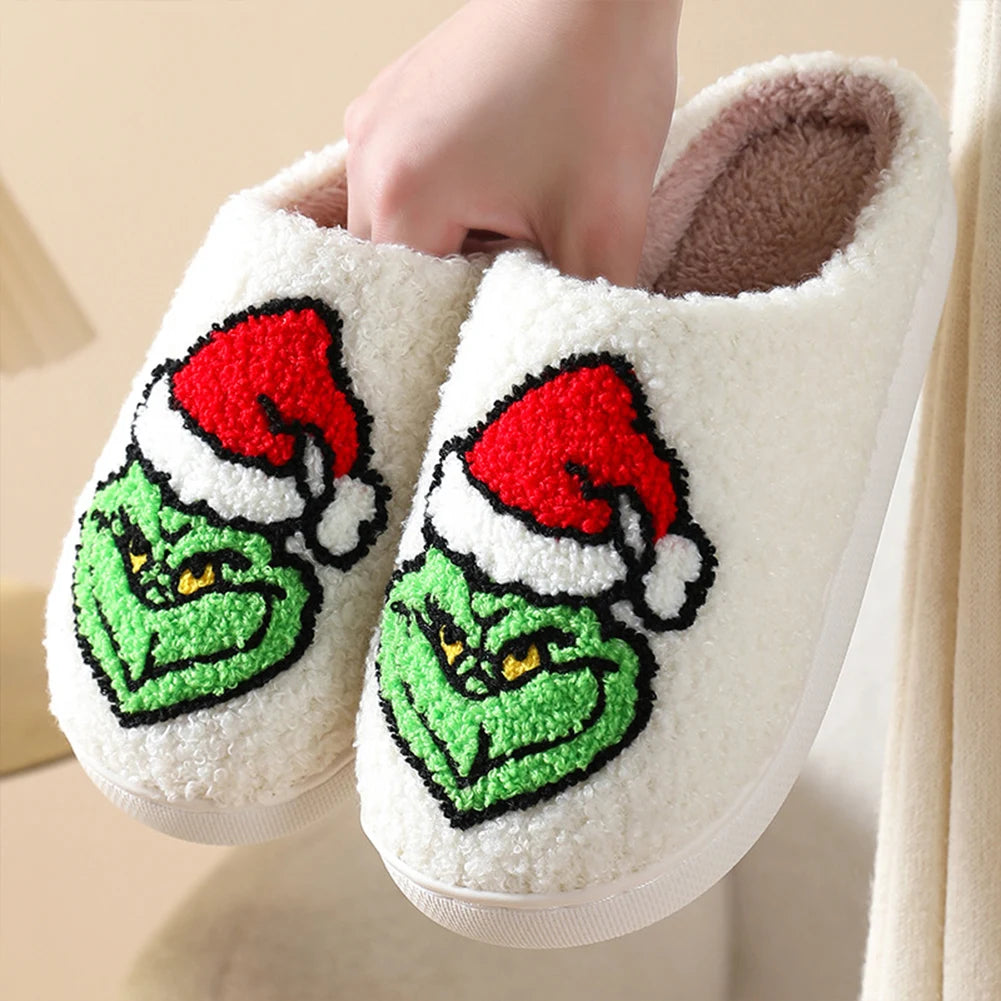 For Grinch Plush Slippers Flat Thermal Slippers Comfortable Fluffy Home Slippers Furry Green Monster Slippers for Indoor Bedroom