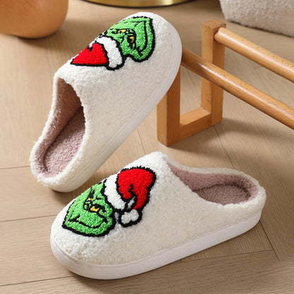 For Grinch Plush Slippers Flat Thermal Slippers Comfortable Fluffy Home Slippers Furry Green Monster Slippers for Indoor Bedroom