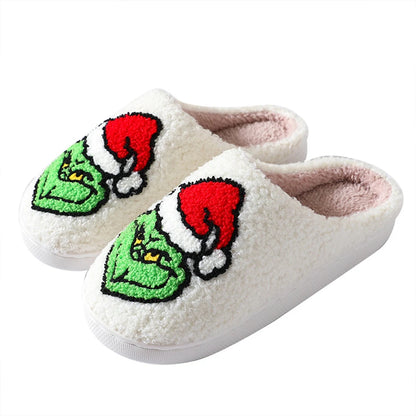 For Grinch Plush Slippers Flat Thermal Slippers Comfortable Fluffy Home Slippers Furry Green Monster Slippers for Indoor Bedroom