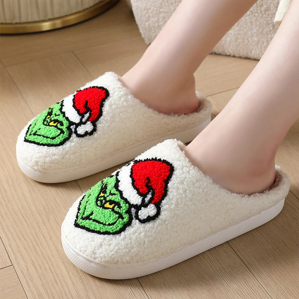 For Grinch Plush Slippers Flat Thermal Slippers Comfortable Fluffy Home Slippers Furry Green Monster Slippers for Indoor Bedroom