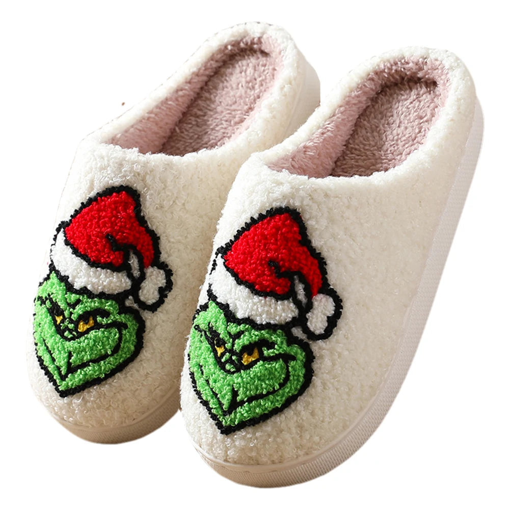 For Grinch Plush Slippers Flat Thermal Slippers Comfortable Fluffy Home Slippers Furry Green Monster Slippers for Indoor Bedroom