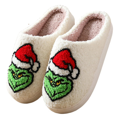 For Grinch Plush Slippers Flat Thermal Slippers Comfortable Fluffy Home Slippers Furry Green Monster Slippers for Indoor Bedroom