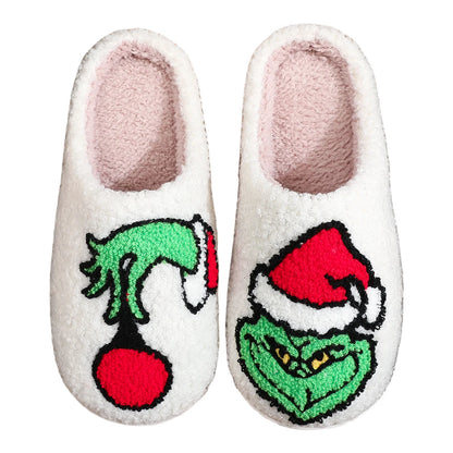 For Grinch Plush Slippers Flat Thermal Slippers Comfortable Fluffy Home Slippers Furry Green Monster Slippers for Indoor Bedroom